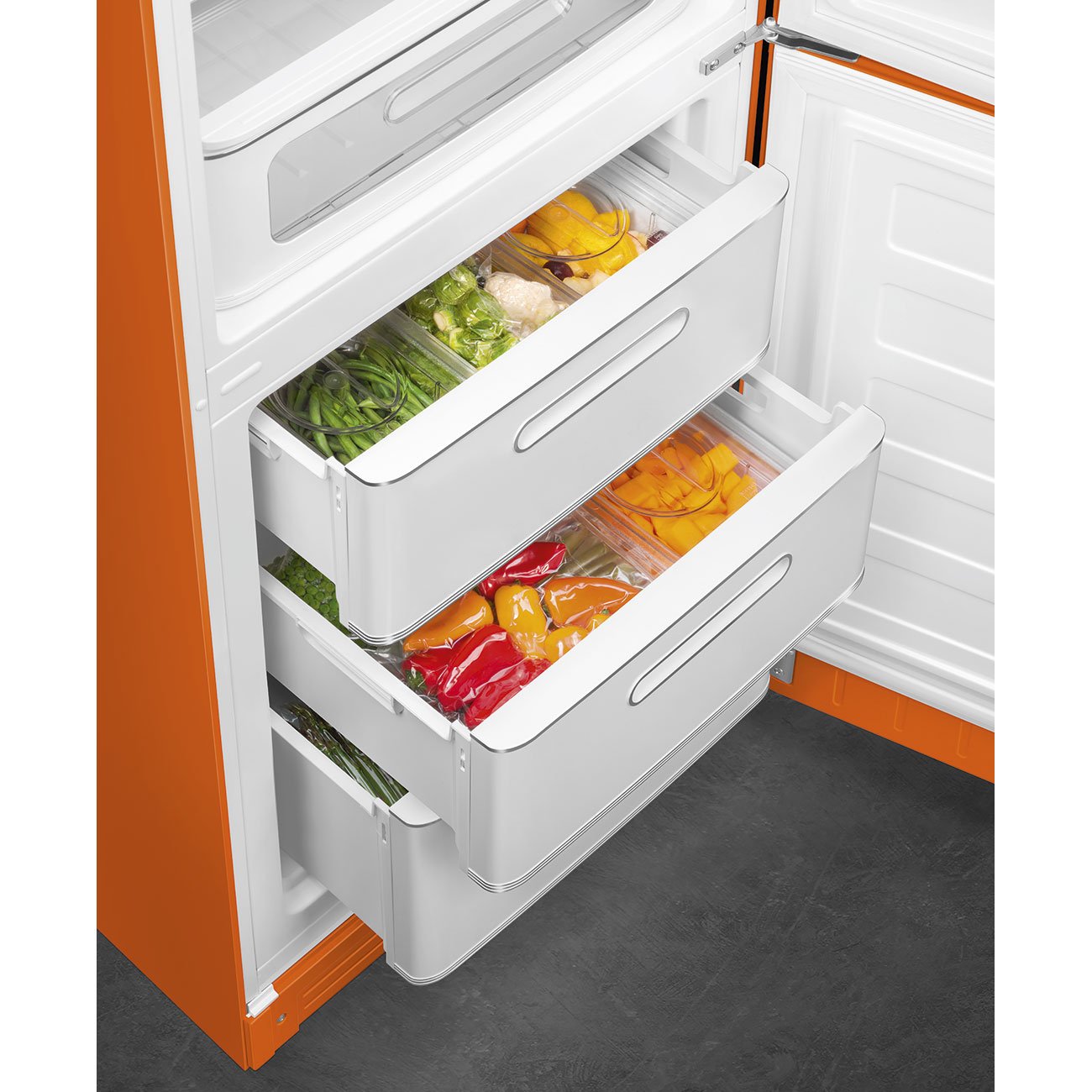 Refrigerador Smeg 2 Porta Laranja, Anni 50, 331L, Dobradiças à