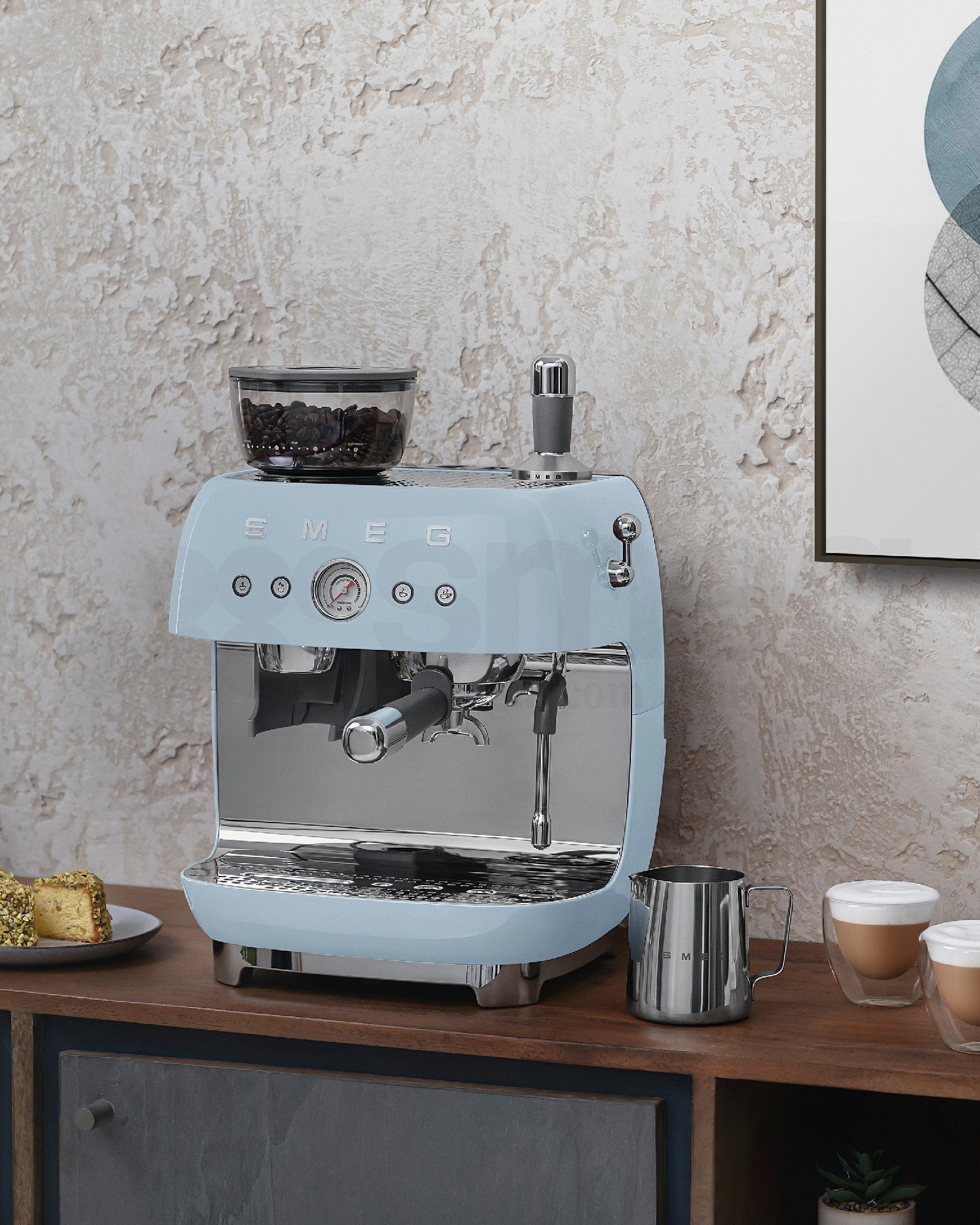 Máquina de Café Espresso Manual Anni‑50 Azul pastel com Moedor 220V