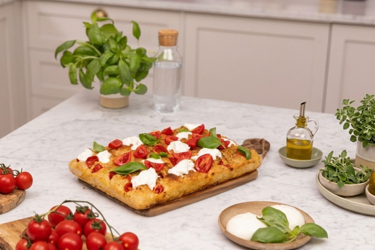 focaccia italiana sob a mesa